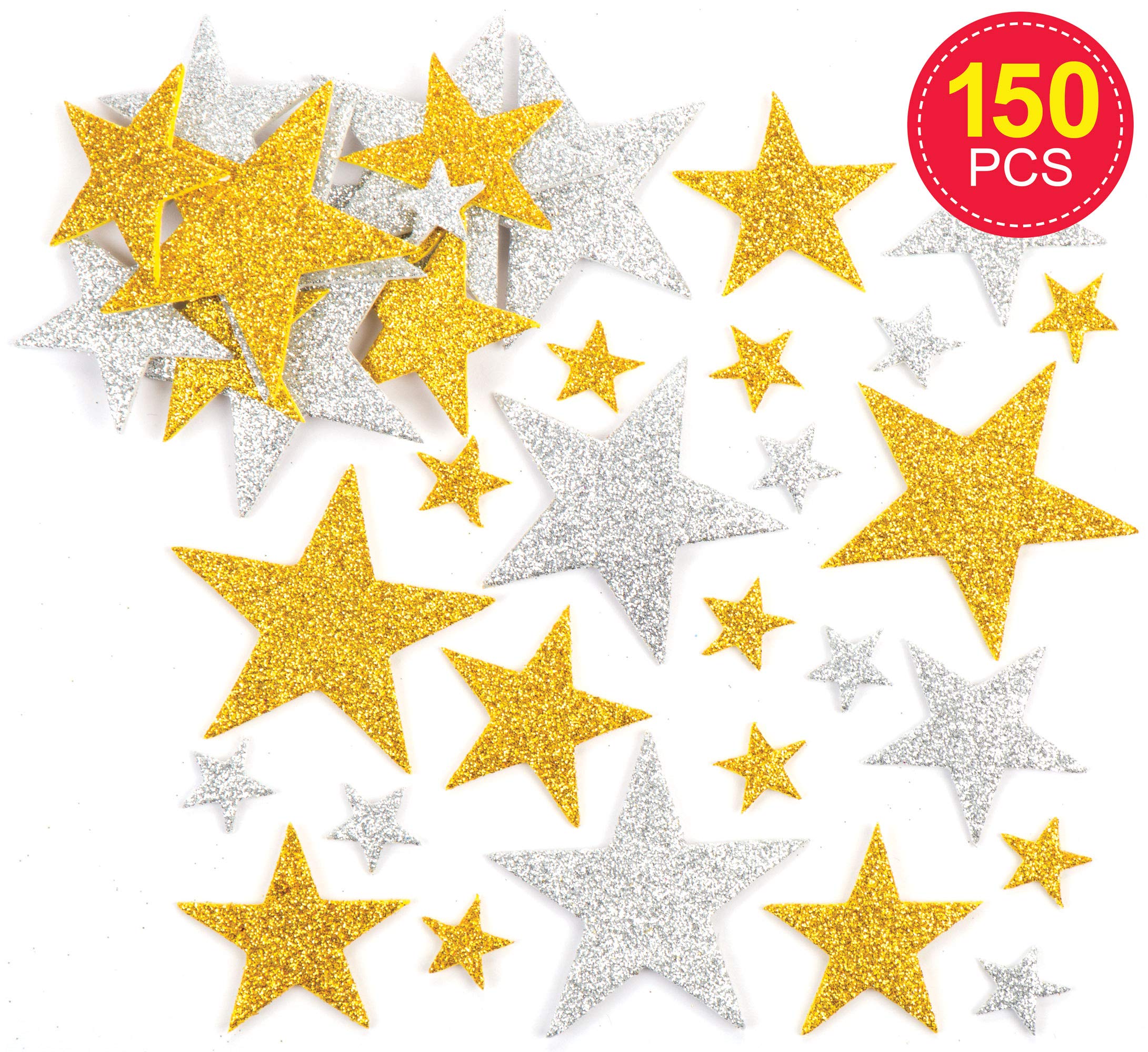 Baker Ross Glitter Star Foam Stickers - Gold & Silver, Self Adhesive | Pack of 150 | Assorted Sizes