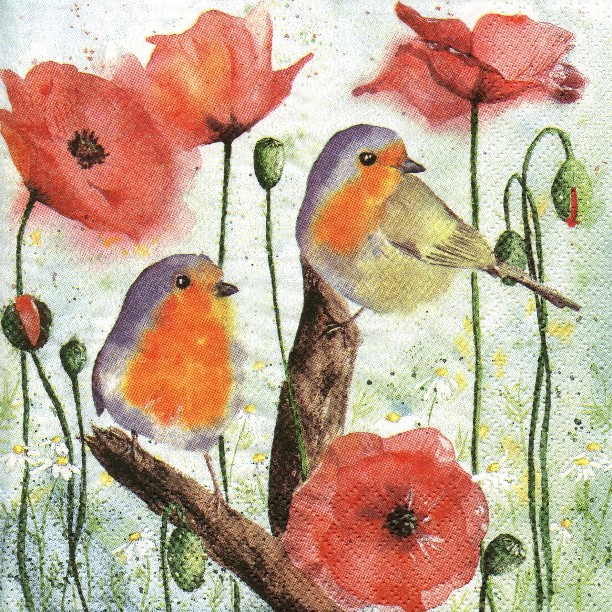 JET PAPIER GMBH Lunch Napkins - 3-Ply, Robin Birds Poppy Flowers Design | 33 x 33 cm | 20 Count 1