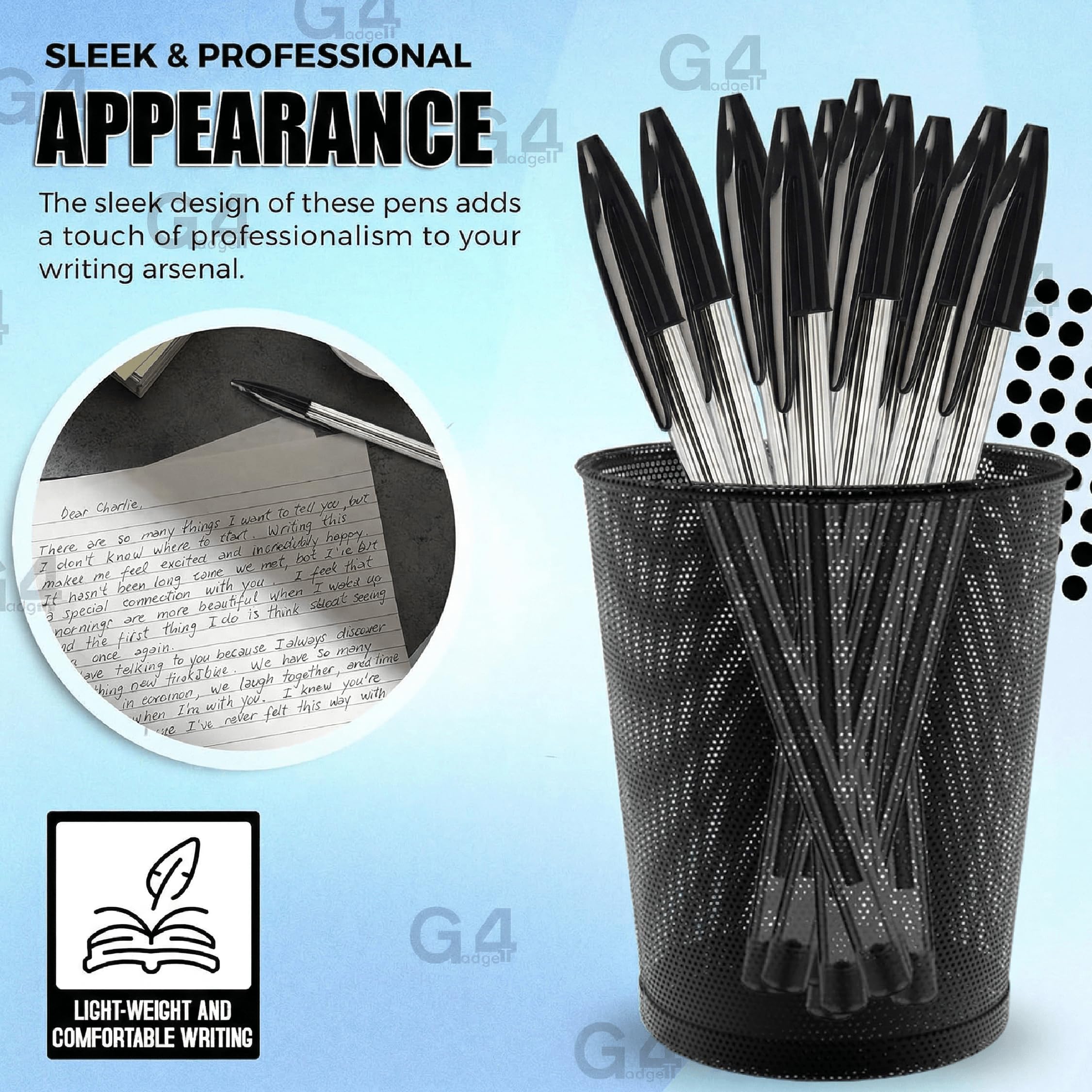 G4GADGET Premium Ballpoint Pens - Pack of 10 Black Ink Medium Tip | 0.5mm Line | Ergonomic Grip 4