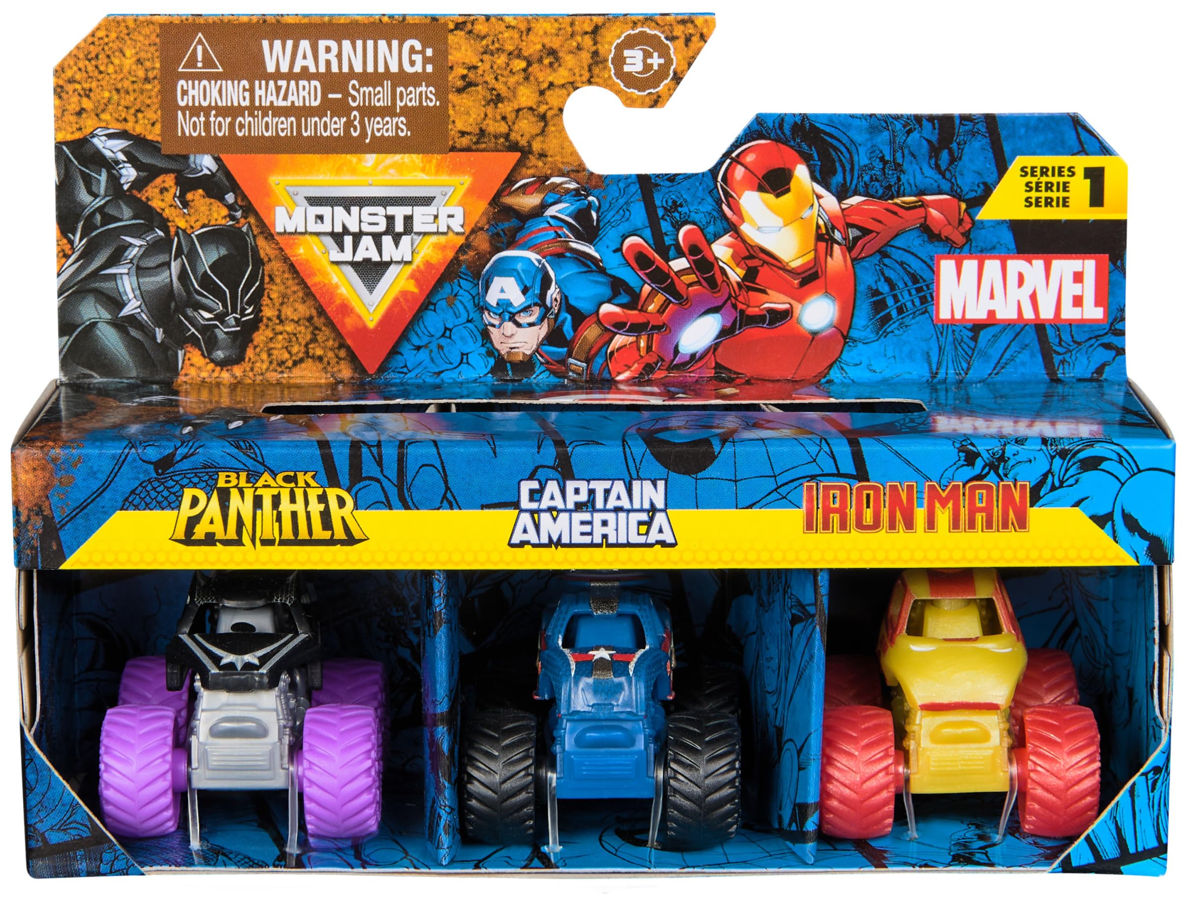Monster Jam Marvel Mini Monster Truck 3-Pack (Black Panther, Captain America, Iron Man) 1:87 Scale Die-Cast
