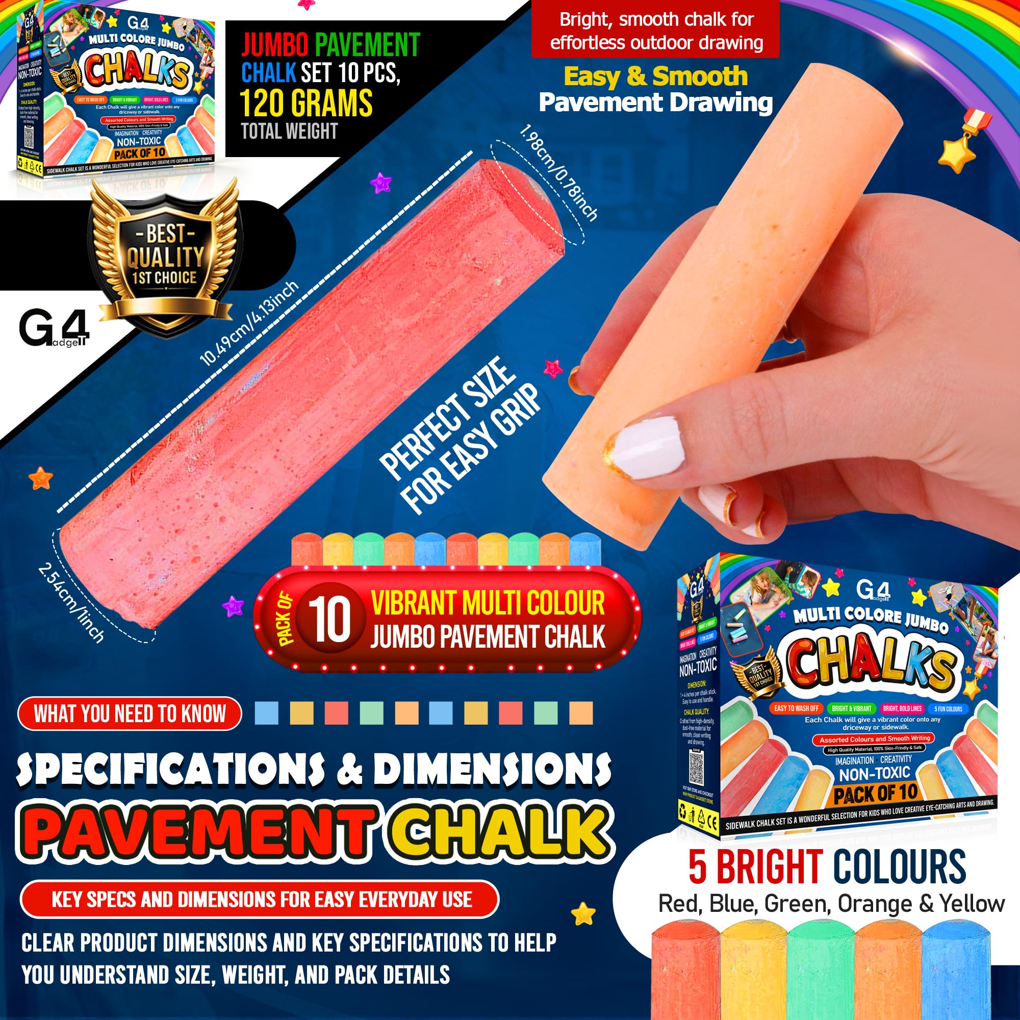 G4GADGET Jumbo Chalks for Kids – 10 Pack Giant Chunky Outdoor Pavement Chalk | Washable & Non-Toxic 4