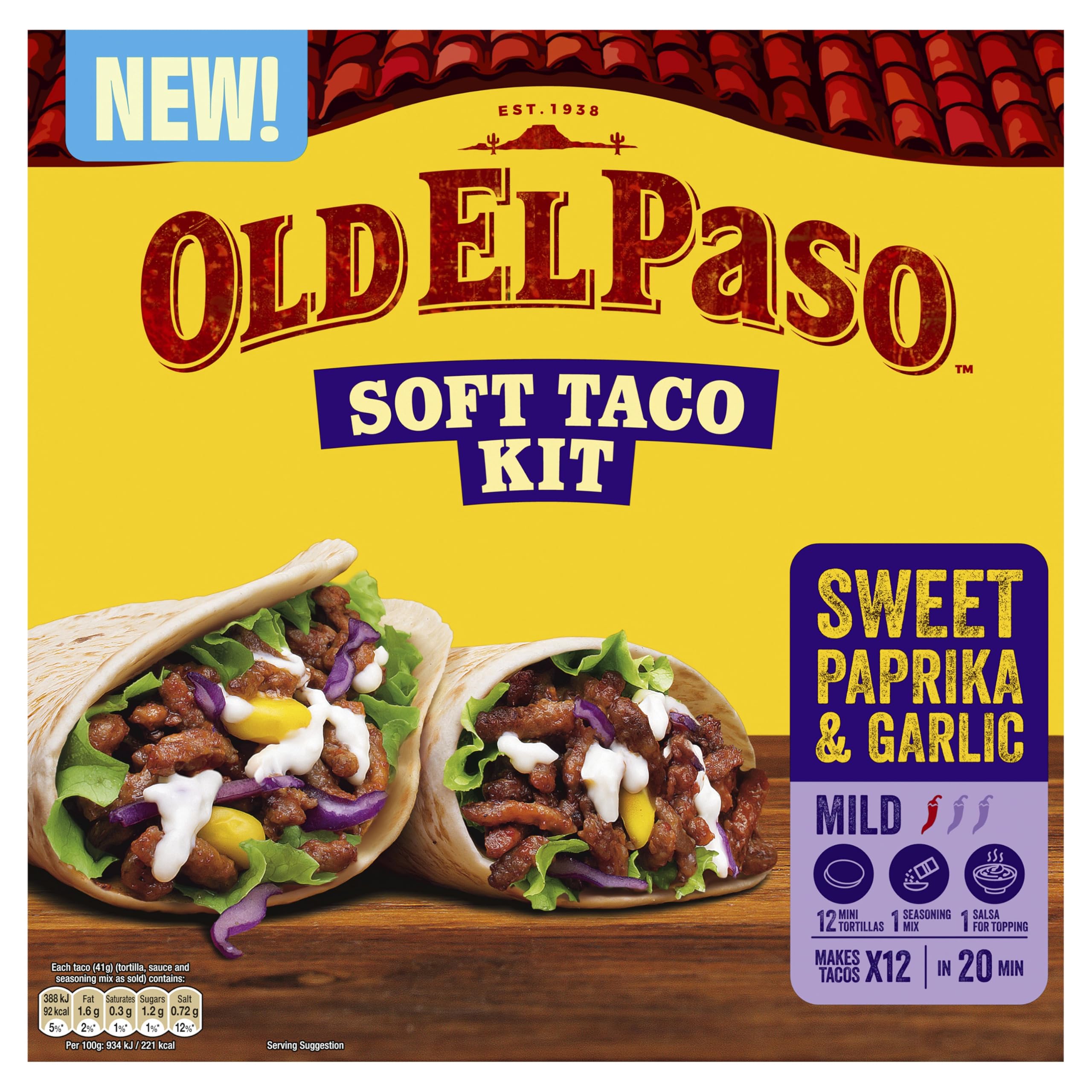 Old El Paso Soft Taco Kit Sweet Paprika & Garlic - 12 Mini Soft Tortillas | Mild Chilli Rating | Suitable for Vegetarians & Vegans