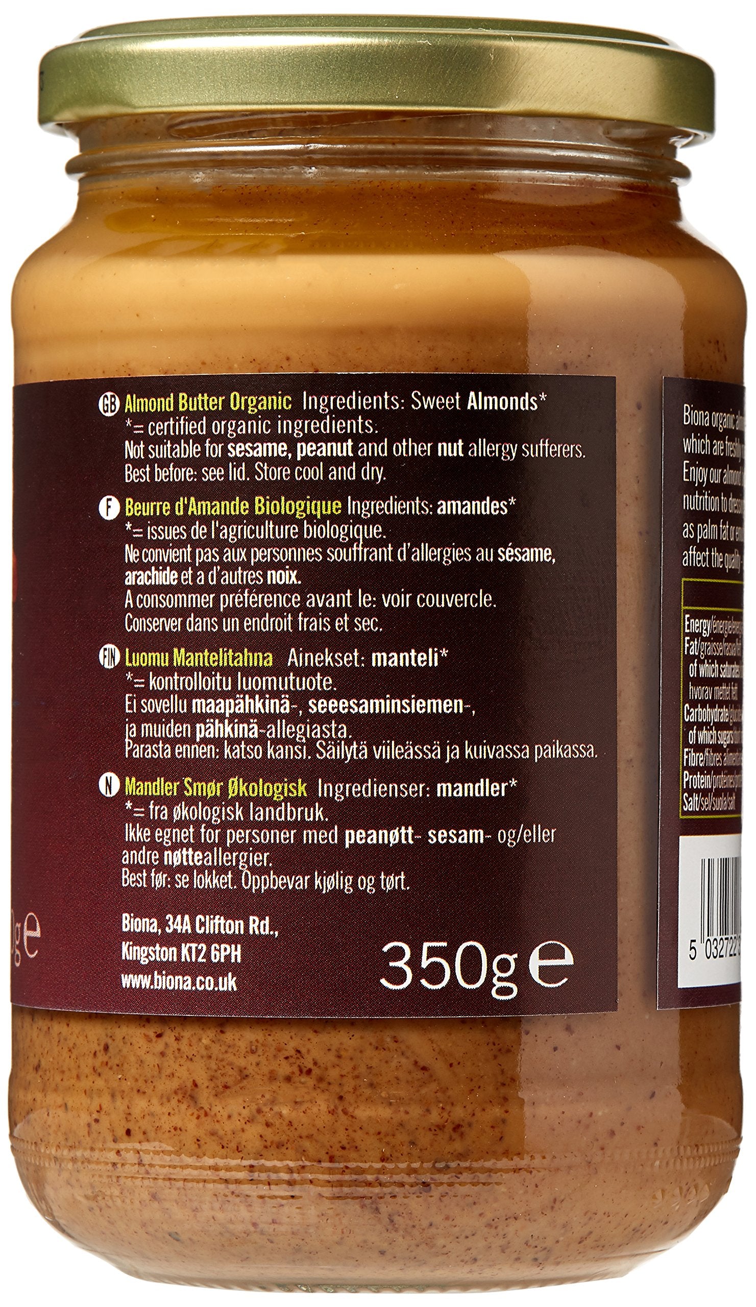 Biona Organic Almond Butter - No Added Salt or Palm Fat | 350g