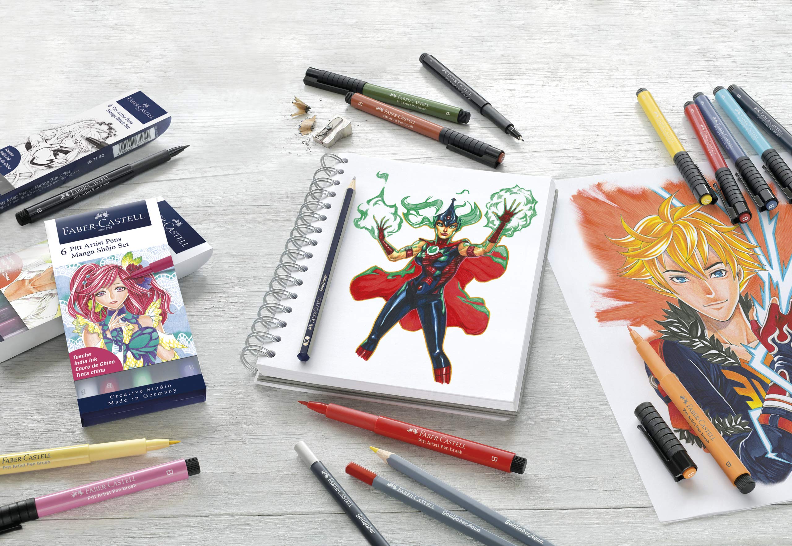 Faber-Castell Pitt Artist Pen Manga Starter Set - Permanent Ink, Quick Drying | Line Sizes XS, M, B 5
