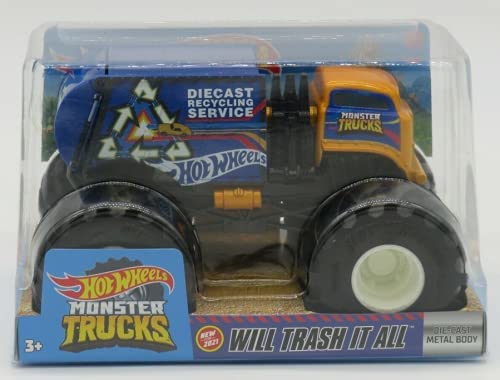 DieCast Hotwheels Monster Trucks Trash It All, [Blue/Orange] Recycling Truck 1:2