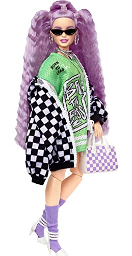 ?Barbie Extra Doll #18 in Jersey Dress & Oversized Checkered Jacket, with Pet Puppy