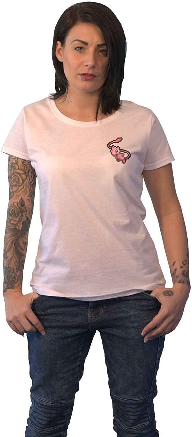 Pokemon Nue Official Women's T-Shirt Mew Pixel Back Print Logo White, White, Lar
