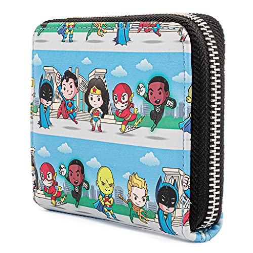 Loungefly DC Superheroes Chibi Lineup Faux Leather Zip Around Wallet, Cute Wallets Fashion Accessories, 5.5 Inches