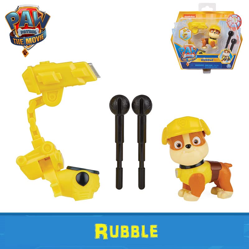 PAW Patrol, Movie Collectible Rubble Action Figure with Clip-on Backpack and 2 Projectiles