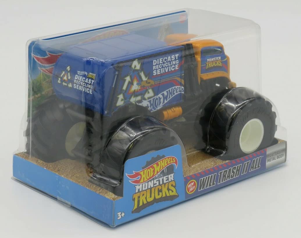 DieCast Hotwheels Monster Trucks Trash It All, [Blue/Orange] Recycling Truck 1:2