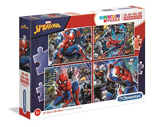 Clementoni 21410 Spiderman 21410-Spiderman-20 + 60 + 80 + 180-teiliges Puzzle-Set, Mult