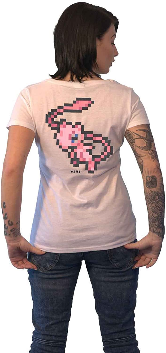 Pokemon Nue Official Women's T-Shirt Mew Pixel Back Print Logo White, White, Lar