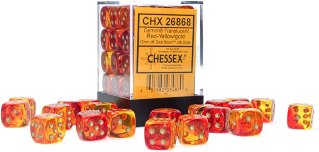 Chessex Gemini Translucent Dice Set 36 12mm Dice Red and Yellow with Gold