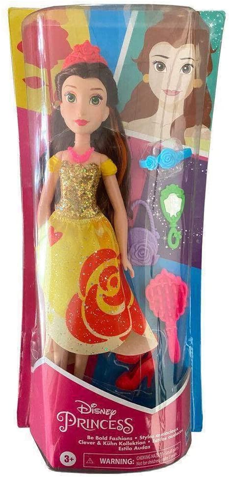 Disney Princess Belle (Fashion ambola with bright colours and bold prints, with brush and hair accessories, Be Bright series, Be Bold)