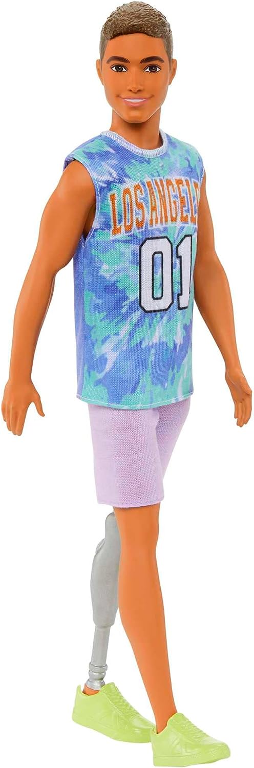 Barbie Ken Fashionistas Doll #212 with Prosthetic Leg, Wearing Los Angeles Jersey and Purple Shorts with Sneakers