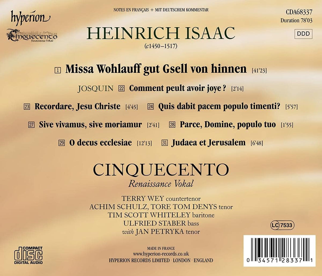 Cinquecento - Isaac: Missa Wohlauff [Cinquecento] [Hyperion Records A68337] [Audio CD]