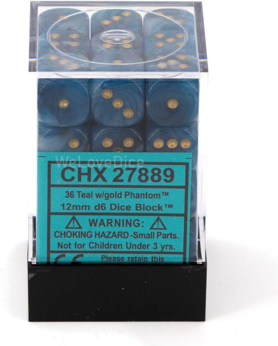Chessex Dice d6 Sets: Phantom Teal with Gold - 12mm Six Sided Die (36) Block of Dice