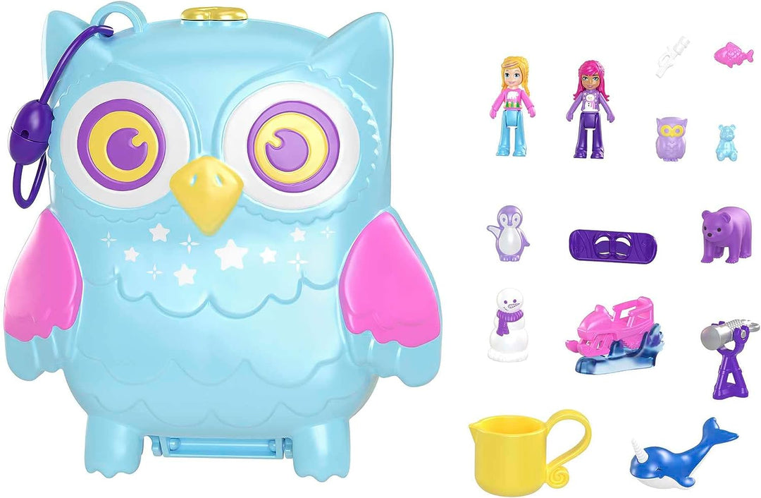 Polly Pocket Dolls and Playset, Animal Toys, Pajama Party Snowy Sleepover Owl Compact Playset