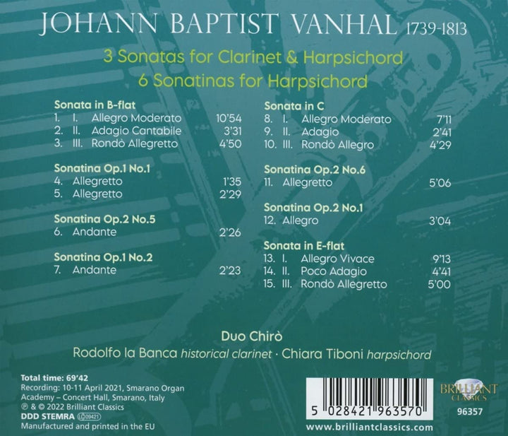 Vanhal: 3 Sonatas for Clarinet & Harpsichord, 6 Sonatinas for Harpsichord [Audio CD]