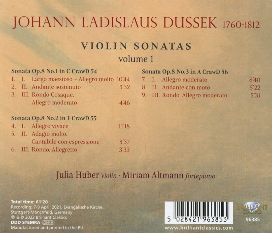 Miriam Altmann-Rose/Julia Huber-Warzecha - Dussek: Violin Sonatas, volume 1 [Audio CD]