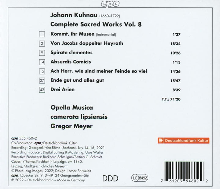 Kuhnau: Complete Sacred Works, Vol. 8 [Opella Musica; camerata lipsiensis; Gregor Meyer] [Cpo: 555460-2] [Audio CD]