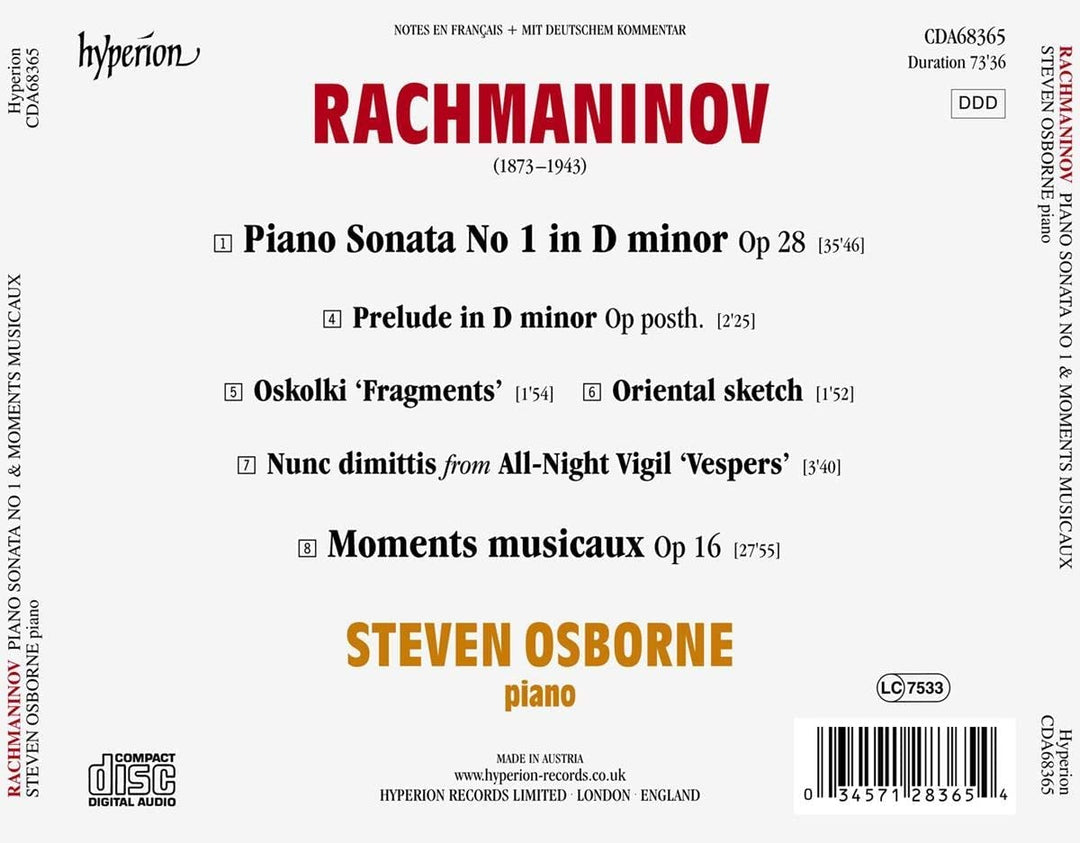 Steven Osborne - Rachmaninov: Piano Sonata 1 [Steven Osborne] [Hyperion Records: CDA68365] [Audio CD]