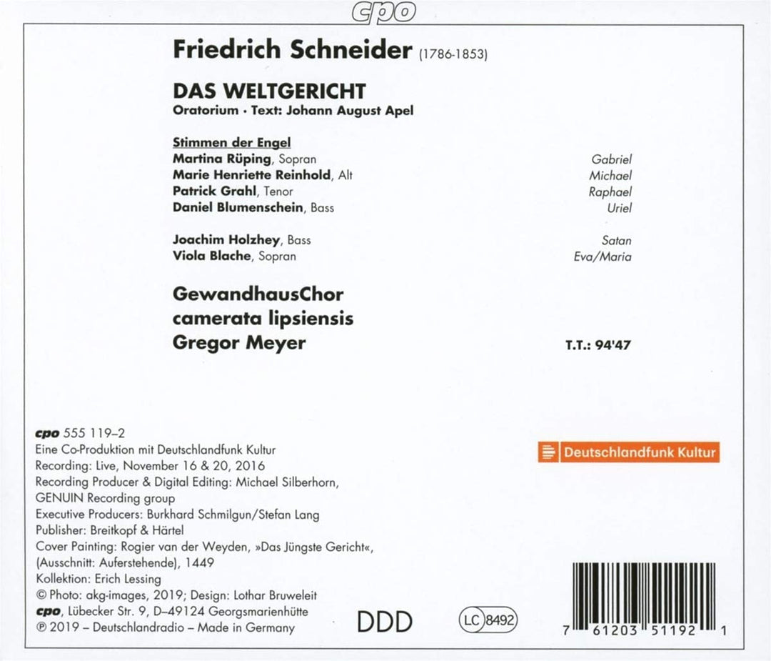 Schneider: Das Weltgericht [Martina Rping; Marie Henriette Reinhold; GewandhausChor; Camerata lipsiensis; Gregor Meyer] [Cpo: 555119-2] [Audio CD]