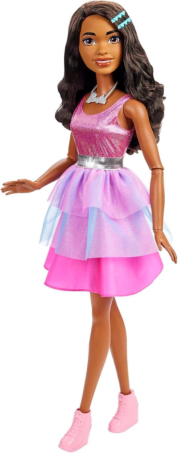 Barbie Large Barbie Doll with Black Hair, 28 Inches Tall, Shimmery Pink Dress with Necklace and Hair Clip Accessories