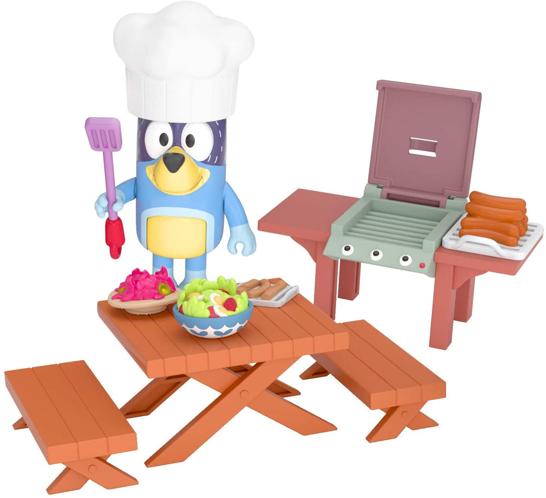 Bluey Dad Bandit's Backyard BBQ Play Set Official Collectable 2.5 Inch Bandit Action Figure Mini Playset Including 2 Benches, 1 Picnic Table, A BBQ and 3 Toy Food Pieces