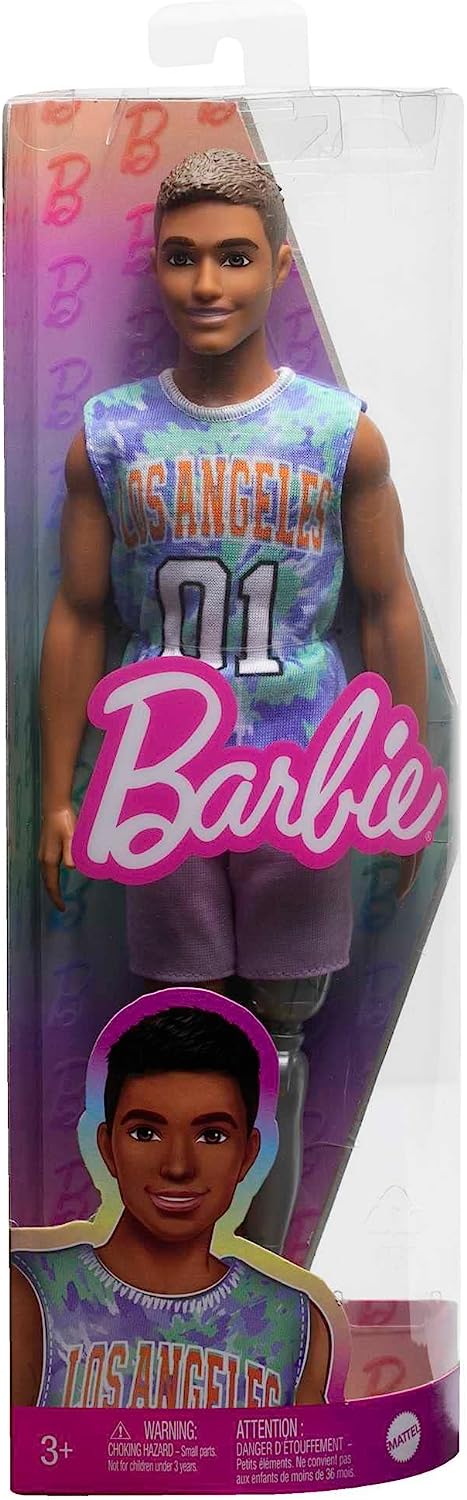 Barbie Ken Fashionistas Doll #212 with Prosthetic Leg, Wearing Los Angeles Jersey and Purple Shorts with Sneakers