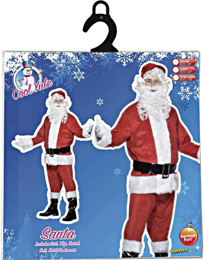 Smiffy's Men's Deluxe Santa Costume, Beard, Jacket, Trousers, Belt, Hat, Gloves & Boot Covers, Santa, Size: M, Colour: Red and White, 24502