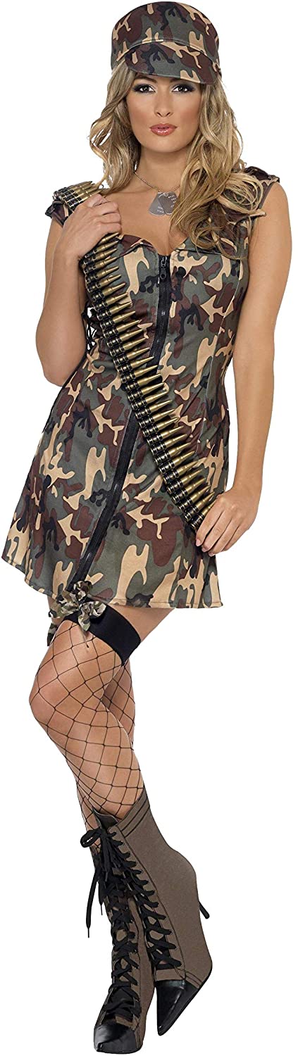 Smiffy's Adult Women's Army Girl Costume, Dress and Hat, Troops, Serious Fun, Size: L, 33829