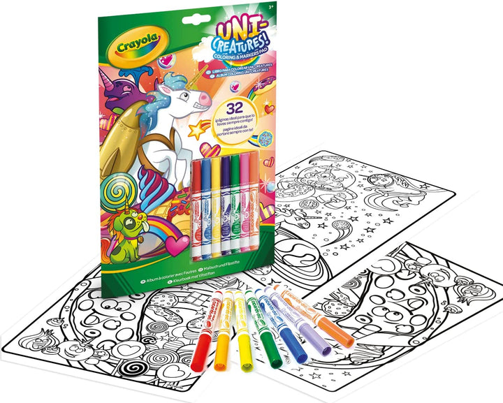 CRAYOLA - Uni-Creatures Coloring Album, 32 Coloring Pages and 7 Mini Washable Ma