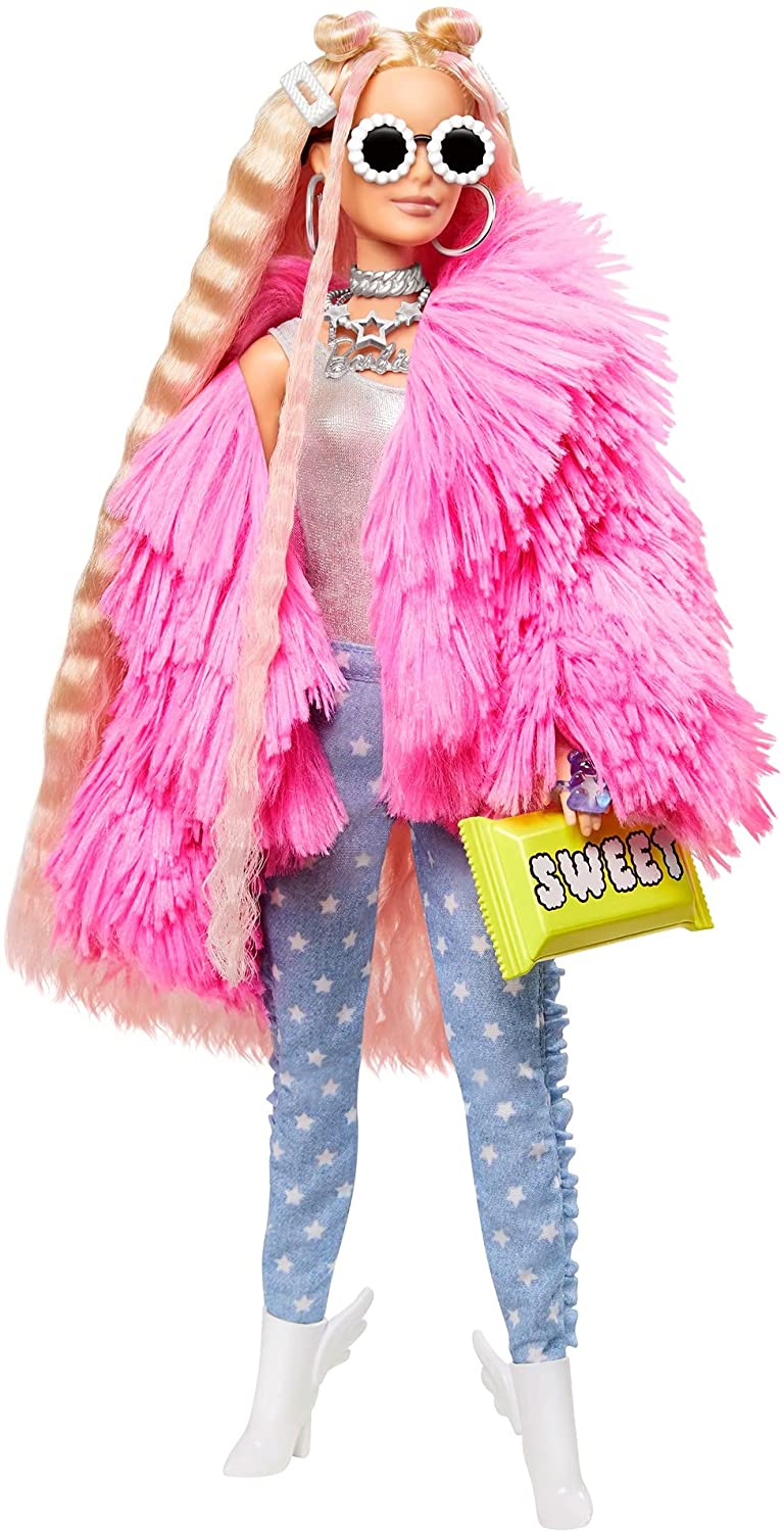 Barbie Extra Doll in Pink Fluffy Coat with Unicorn Pig Toy