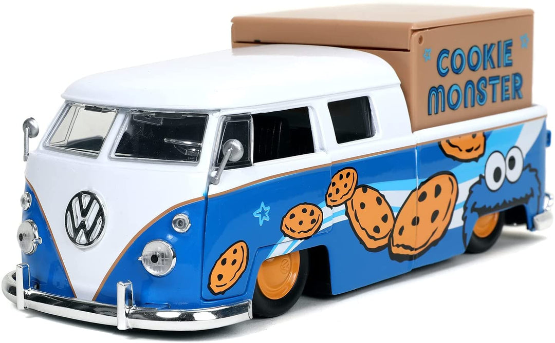 Jada 1962 Style VW Sesame Street Van with Sound Cookie Monster Figure, 1:24 Scale, Doors Open, for Ages 8, Multicolor (253255030)