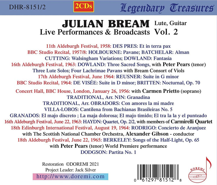 Julian Bream – Julian Bream Live Vol. 2 [Julian Brasse; Peter Birnen; Carmen Prietto; Carmirelli-Quartett; Das Scottish National Orchestra; Andrew Gibson] [Doremi: DHR-8151/2] [Audio CD]