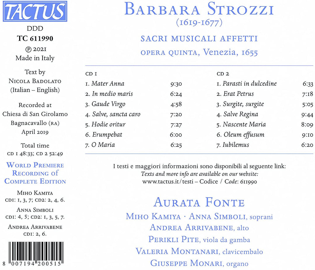 Strozzi: Sacri Musicali [Aurata Fonte] [Tactus: TC 611990] [Audio CD]