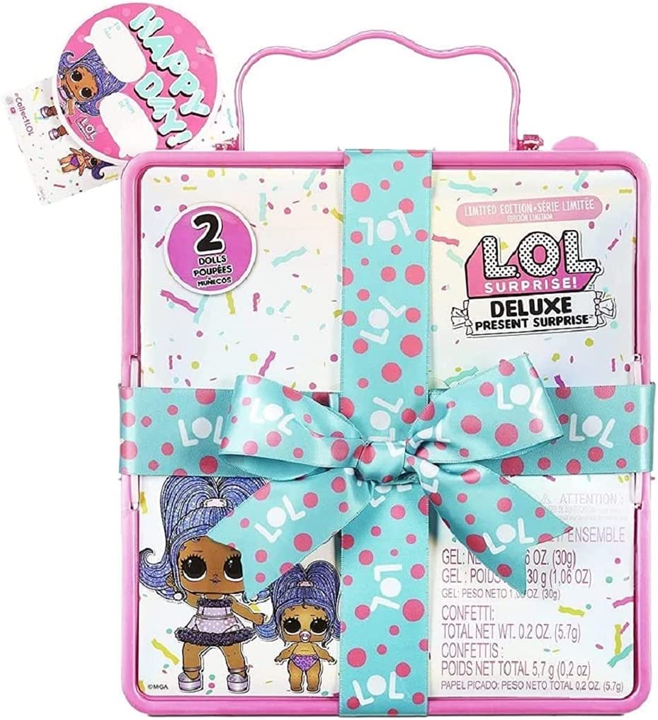 L.O.L. Surprise! Deluxe Present Surprise Toy - Limited Edition Doll & Sister in Party Gift Box Packaging - Includes Surprise Treats, Outfits, Shoes, Confetti, Sand, Colour Change, Water Fizz - Purple