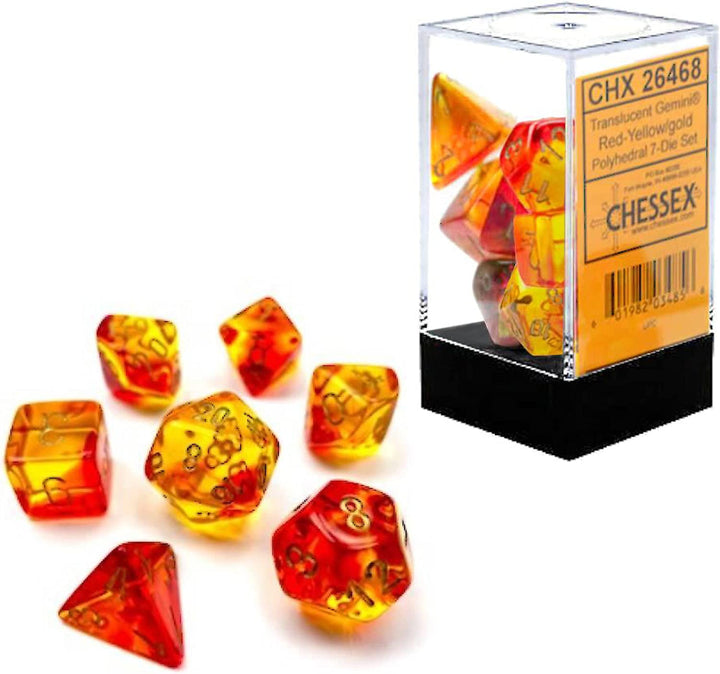 Chessex Gemini Translucent Dice Set 7 Polyhedral Dice Red and Yellow with Gold,