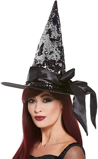 Smiffys 61125 Deluxe Reversible Sequin Witch Hat, Women, Black & Silver