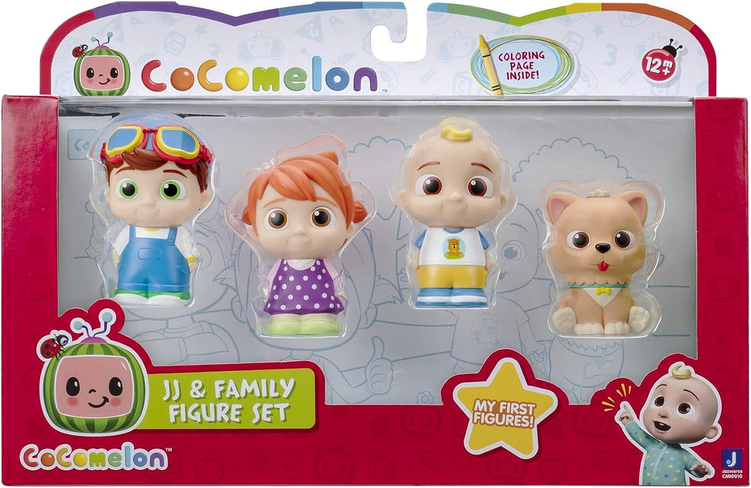 Cocomelon 4 Figure Pack - JJ & Family Figure Set - Family and Friends - Includes JJ, YoYo, Tomtom, and Bingo The Dog - Toys for Kids