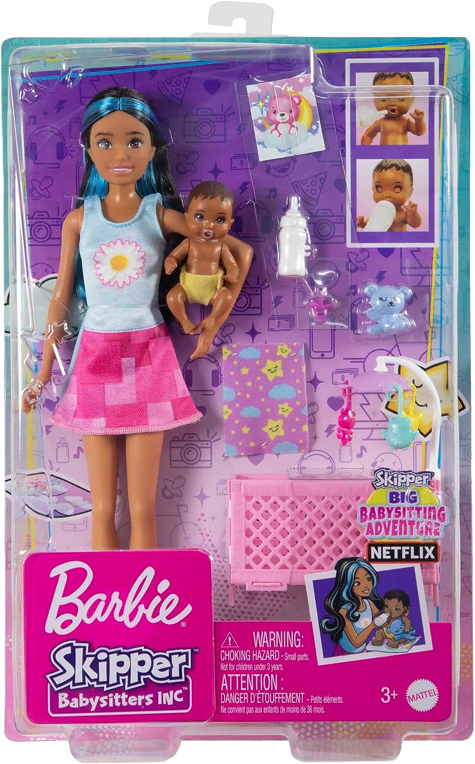 Barbie-Puppe und Zubehör, Kinderbett-Spielset mit Skipper-Friend-Puppe, Babypuppe mit