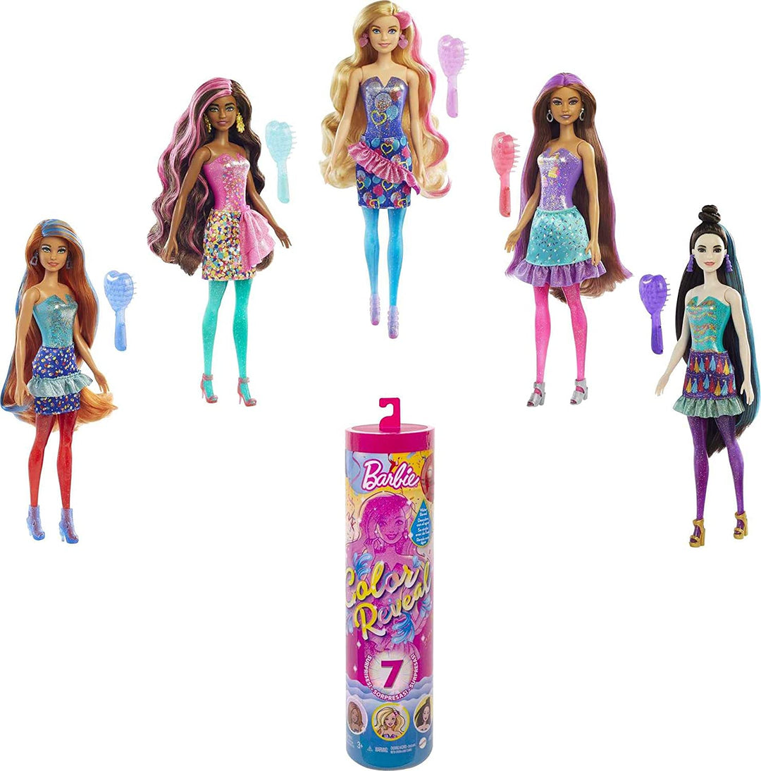 Barbie Color Reveal Doll with 7 Surprises: 4 Bags Contain Skirt, Shoes, Earrings & Brush; Water Reveals Confetti-Print; Doll’s Look & Color Change on Hair & Face; Party Series