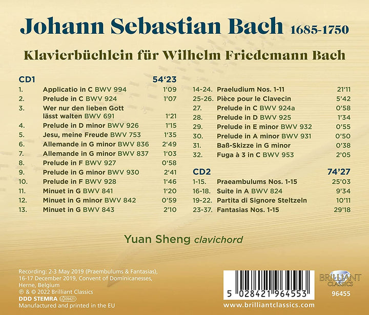 Yuan Sheng - JS Bach: Klavierbüchlein für Wilhelm Friedemann Bach [Audio CD]