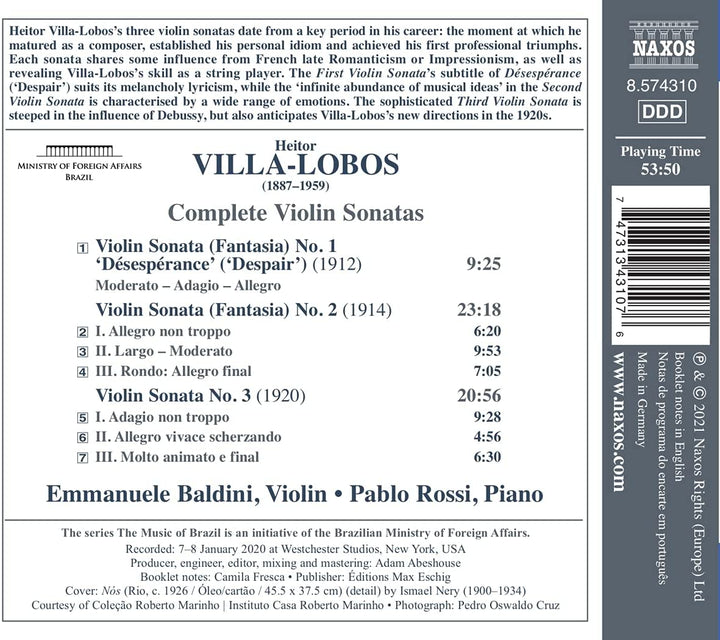 Emmanuele Baldini - Villa-Lobos: Complete Violin Sonatas [Emmanuele Baldini; Pablo Rossi] [Naxos: 8574310] [Audio CD]