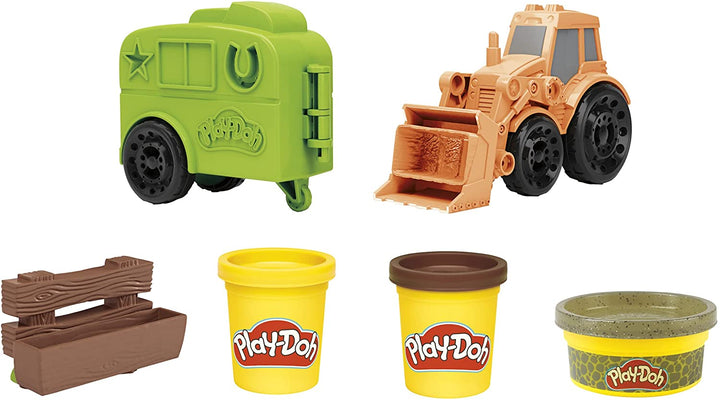 Play-Doh Wheels Tractor Farm Truck Toy for Kids 3 Years and Up with Horse Trailer Mold and 3 Cans of Non-Toxic Modeling Compound