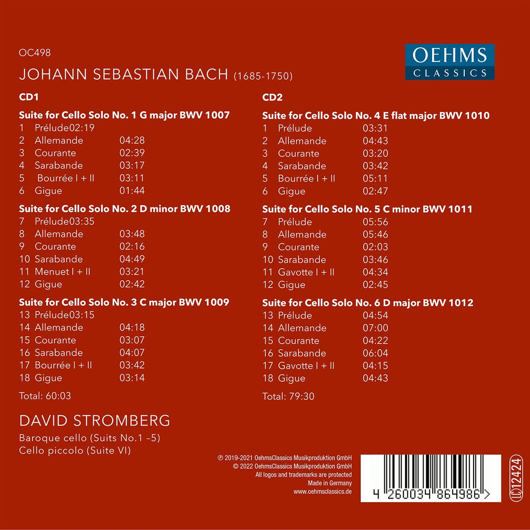 Bach: Solo-Cello-Suiten [David Stromberg] [Oehms Classics: OC498] [Audio-CD]