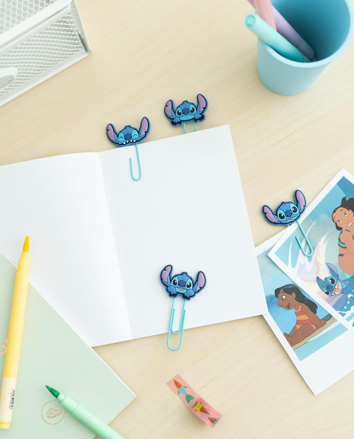 Grupo Erik Disney Stitch Pack of 4 Paper Clips with Topper | Cute Bookmarks | Coloured Paper Clips