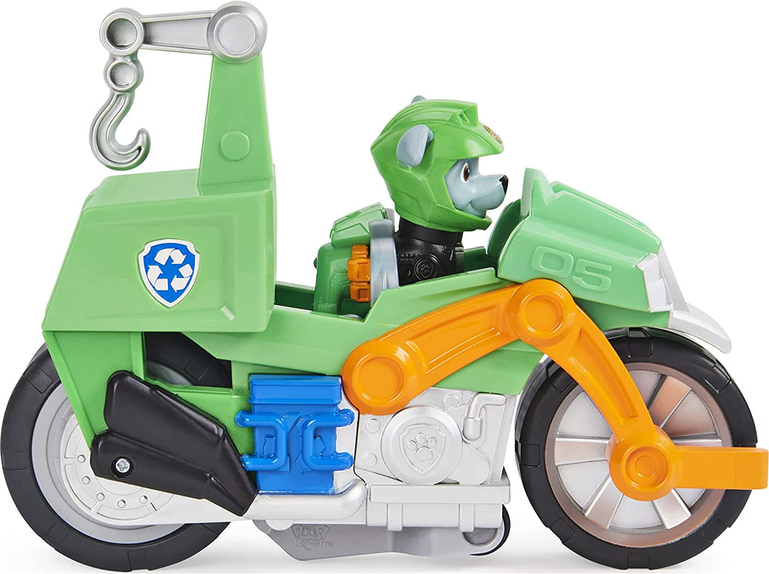 PAW Patrol Moto Pups Rocky’s Deluxe Pull Back Motorcycle Vehicle with Wheelie Fe