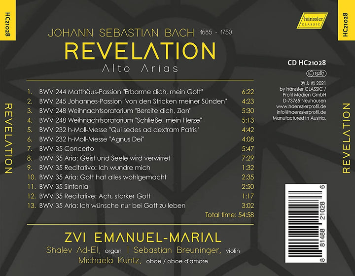 J.S. Bach: Revelation [Zvi Emanuel-Marial; Shalev Ad-El; Sebastian Breuninger; Michaela Kuntz] [Hanssler Classics: HC21028] [Audio CD]